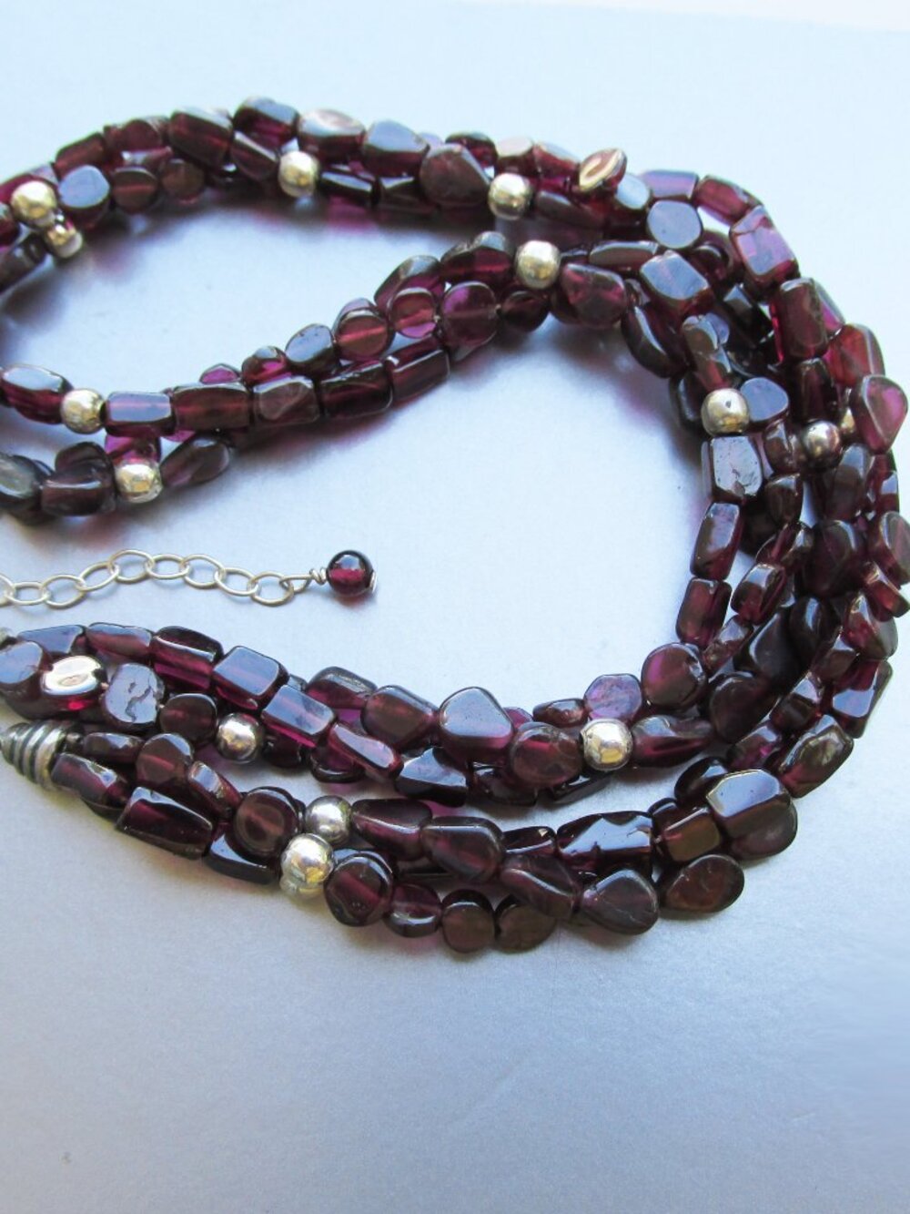 Vintage Sterling Silver & Garnet Nugget Bead Twisted 3 Strand Necklace
